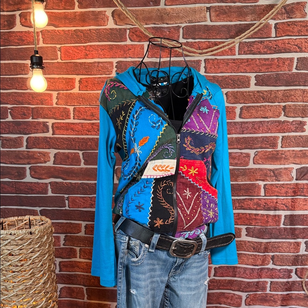 🧥 Rising Tide Patchwork Embroidered Zip Hoodie Boho Festival NWOT M / J